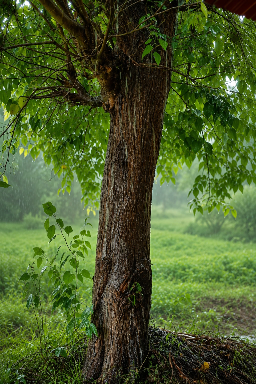 Tree trunk in the monsoon rain at Bija Vidyapeeth